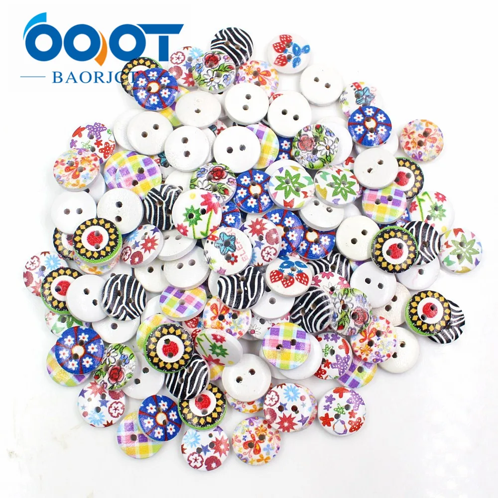 

OOOT BAORJCT A variety of patterns combined 100, print 2 holes wooden button 15mm sewing clip art tools, clothing accessories