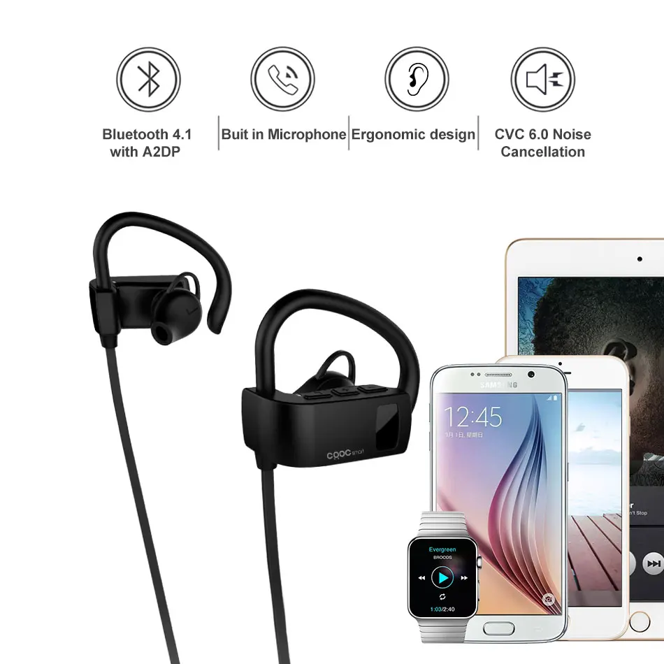 Bluetooth Earphone ,CRDC Sport Running Ear Hook Wireless Headphones Stereo Earbuds Bass Headset with Mic for iPhone Xiaomi  Etc