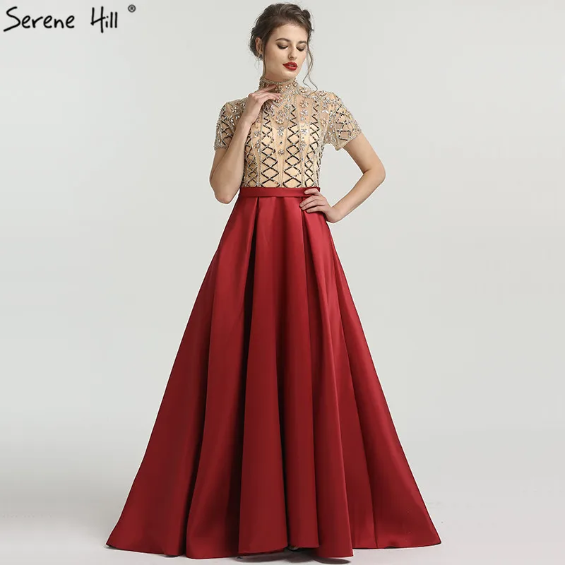 Цвет красного вина с высоким воротником вечерние платья короткий рукав Роскошные Бисер блестящее вечернее платье 2019 Serene Hill LA6568