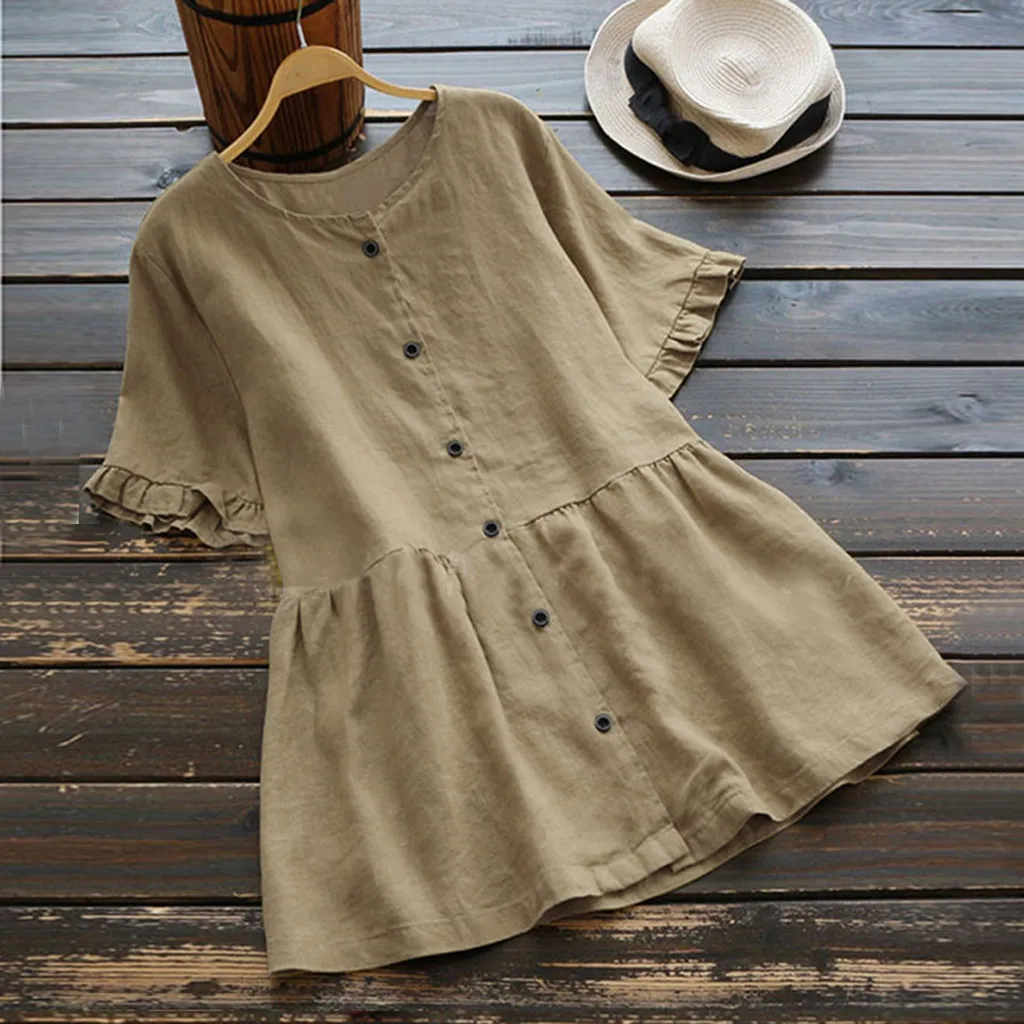 

JAYCOSIN Blouse Women Casual Loose Linen Plus Size O Neck Solid Button Tanic Shirt Blouse Tops Causal Female Tops 20190228