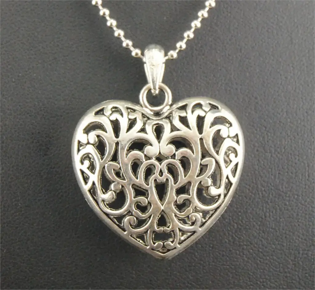 1pc Antique Silver Filigree 3D Heart Pendant DIY Metal Necklace Jewelry