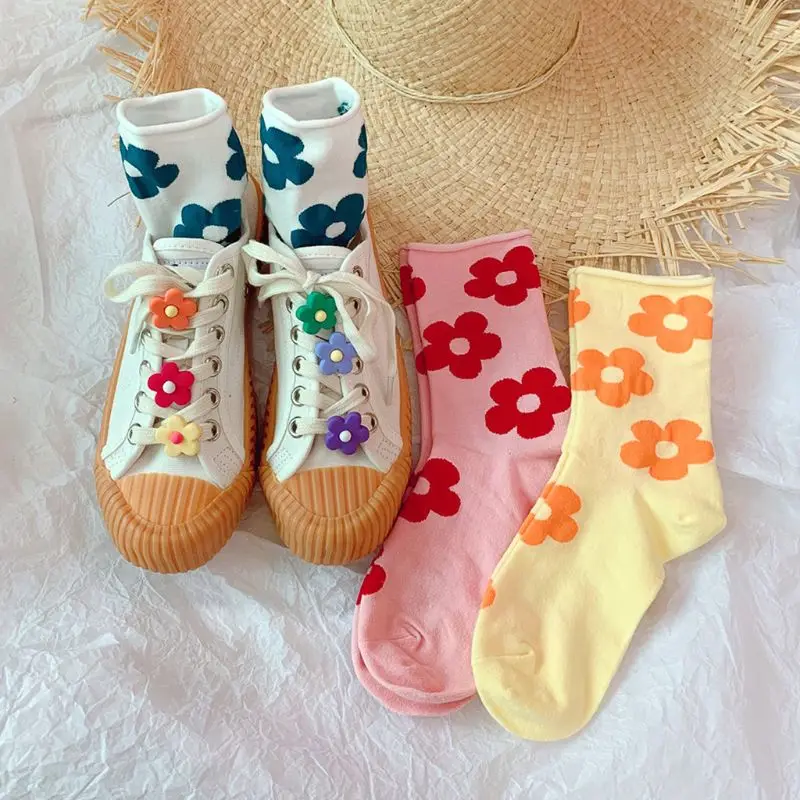 

Korean Women Girls Relaxed Roll Top Long Crew Socks Bright Candy Color Sunflower Harajuku Students Casual Cotton Tube Hosier