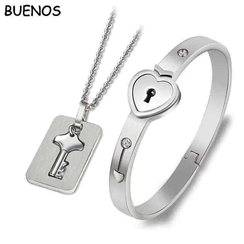 

BUENOS Fashion Lovers Love Heart Lock Bracelet Bangles Key Pendant Necklace Couples Set Stainless Steel Couple Jewelry Sets Gift