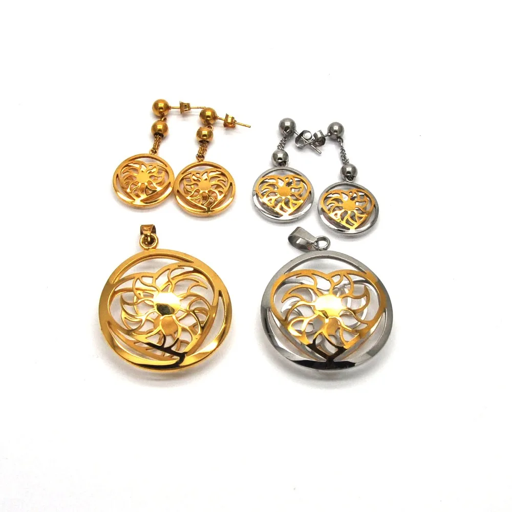 

New Design Stainless Steel Pendant and Earring Set Silver And gold Color Hollow Circular Heart For Women Party&Gifts PE03124