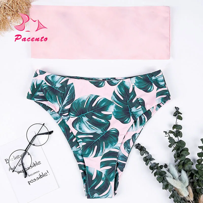 

Pacento 4 colors Bandeau Bikinis Set Swimwear Women 2018 Sexy Pink Print Summer Swimsuit Female Tree Leaves Bather Beachwear