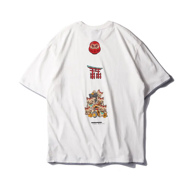 GONTHWID Ложные 2 шт. Lucky Cats печати уличная футболки лето Harajuku Повседневная Уличная одежда, футболки мужские с коротким рукавом топы - Цвет: White
