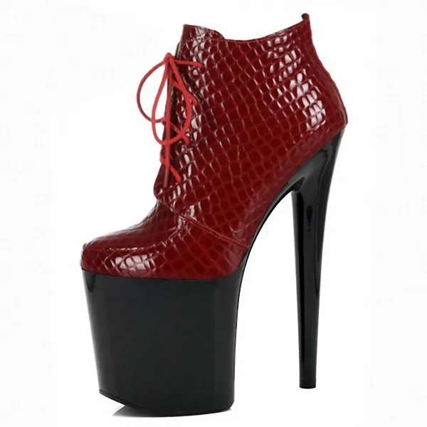 Обувь для зимней вечеринки обувь в стиле «Панк» с блестящим каблуком высотой 18–20 см классические короткие сапоги женские мото ботинки на платформе красные зимние ботинки на 7-ми дюймовом(17 78 см) каблуке