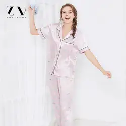 ZOLEEVON женские пижамы весна короткий отложной воротник пижамы 2 шт. Комплект Полная длина Топ Брюки Полосатый Стиль Повседневный пижамный