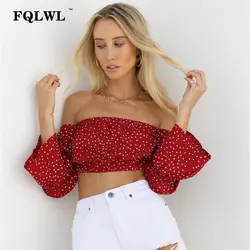 FQLWL пикантные с открытыми плечами укороченный топ в горошек рубашки для женщин; большие размеры спинки Bodycon красный безрукавки для женщи