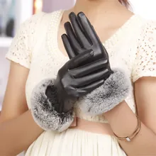 woman fashion Lady Black PU Leather Gloves Autumn Winter Warm Rabbit Fur female gloves Guanti invernali donna