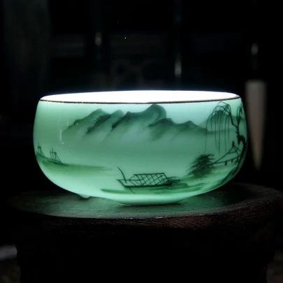 

70ML Longquan Creative Handpainted Lotus Chinese Traditional Ceramic Celadon Procelain Kung Fu Tea Cups TiKuanYin Puer Tea Bowl