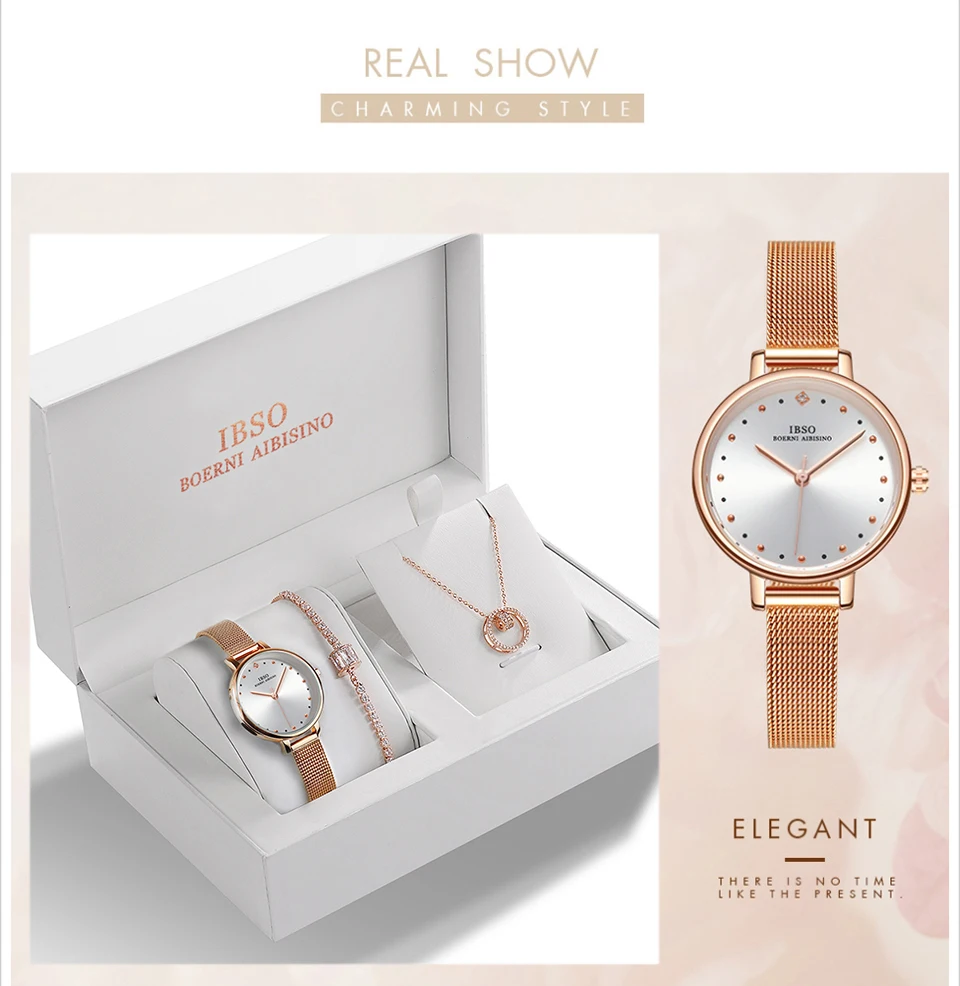 IBSO, Брендовые Часы, розовое золото, женские роскошные часы, браслет, ожерелье, набор, Женский комплект украшений, модные креативные кварцевые часы, женский подарок