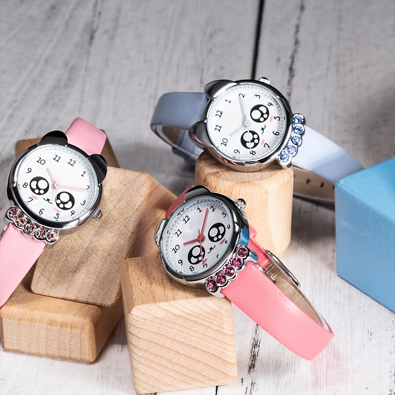 KDM Luxury Girl Watch Kids Cute Fox Bling Rhinestone Waterproof Pink Genuine Leather Watches Lovely Children 4