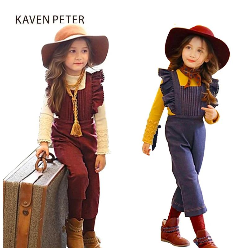 

2017 fashion winter overalls for girls kid cotton jumpsuit Lotus leaf wine red and dark blue child overall romper size 100-140