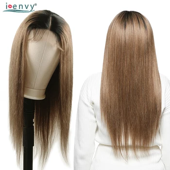 

Peruvian Ombre Straight Lace Front Wig Human Hair For Black Women Colored Lime Green Wigs With Dark Roots 180 Density Non Remy