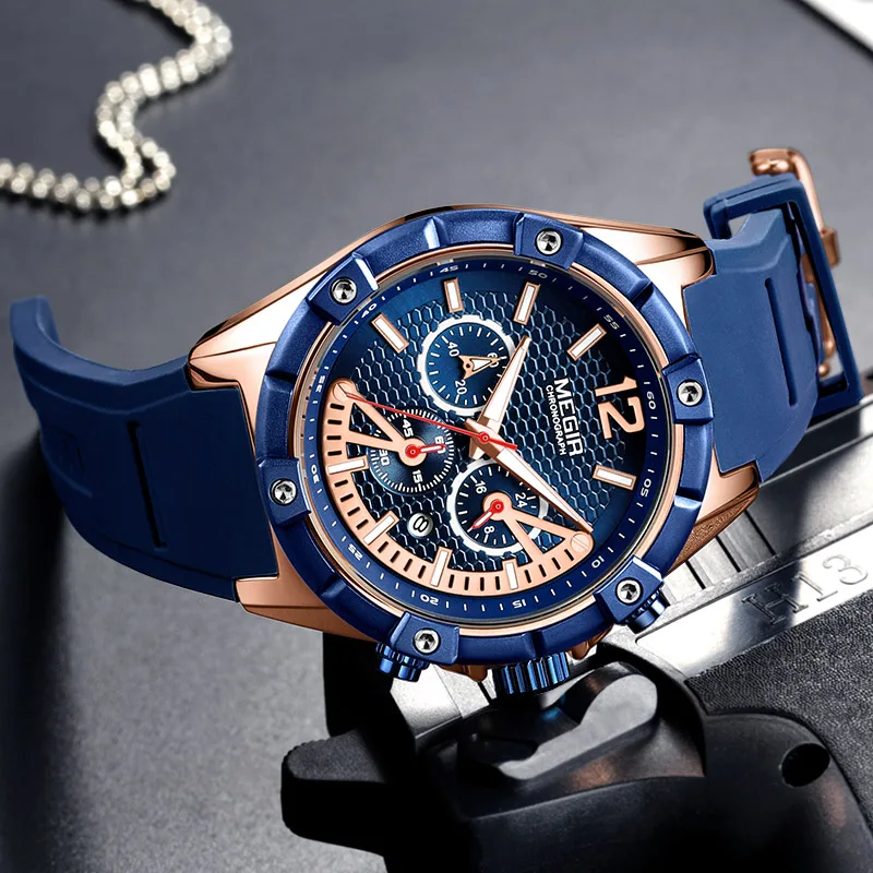 MEGIR Mens Watches Top Brand Luxury Silicone Band Gold Watch Men Quartz Waterproof Military Sport Wrist Watch reloj hombre 2018