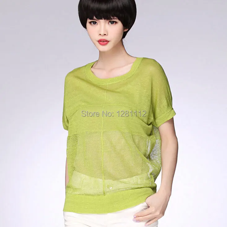 2015 Summer Transparent Sexy Women Tee Model Show Cool Knit Tops Short Sleeve Blouse Round Collar Loose Hollow Out Linen T-Shirt | Женская