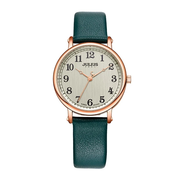 JULIUS бренд большой циферблат для женщин часы кварцевые кожа дамы браслет часы простые арабские цифры Модные женские наручные часы - Цвет: Green watch