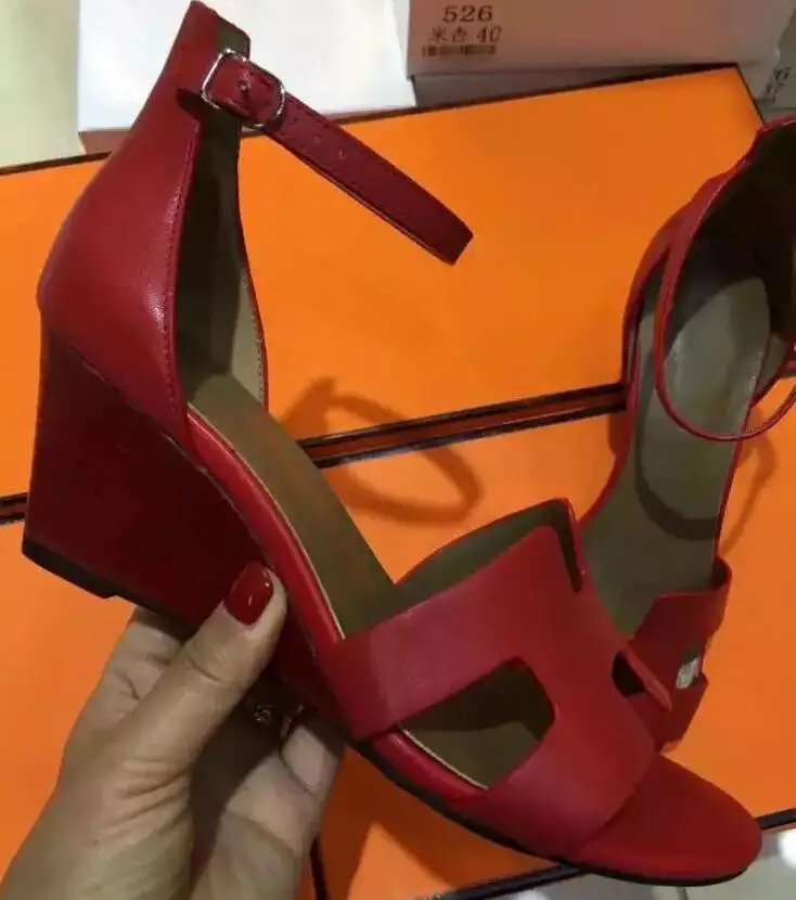 

Summer 2019 New Comfortable Slope-heel Sandals High-heel H-type geinune Leather Open-toed Large-size Sandals Women's Shoes 34-41