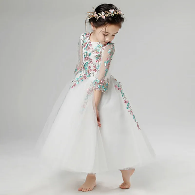 

Princess Dress for Girls Evening Dress Children Flower Girl Wedding Dress Piano Costumes Small Host Catwalk Long Sleeve Spring