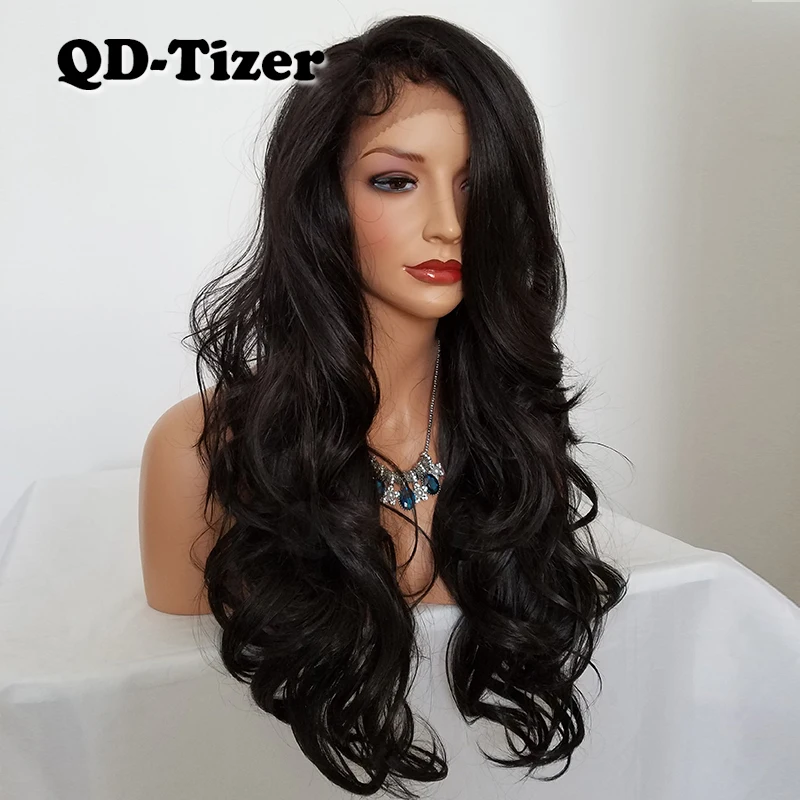 QD-Tizer Long Body Wave Synthetic Lace Wig Glueless Brown Color Free Part Heat Resistant Synthetic Lace Front Wig for Women