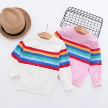 Новые осенние детские полосатые хлопковые пуловеры с радугой, свитера и свитера