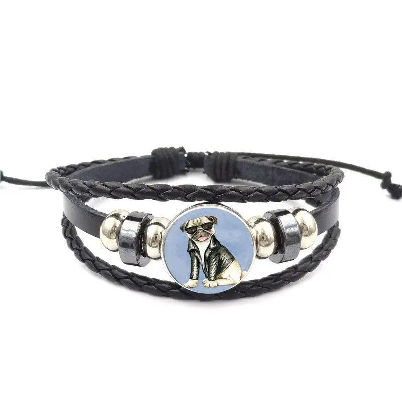 

EJ Glaze Fashion Jewelry Cabochon Glass Black Leather Bracelet Bangle For Men Women Pug Dog