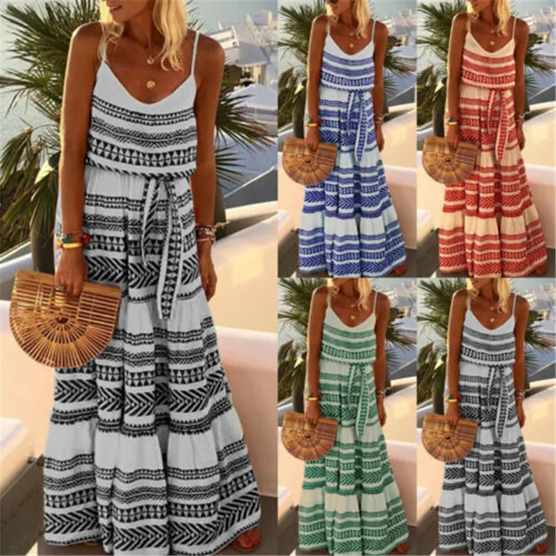 2019-New-Hot-Summer-Fashion-Latest-Fashion-Women-s-Sashes-Striped-High-Waist-Long-Dresses-Boho