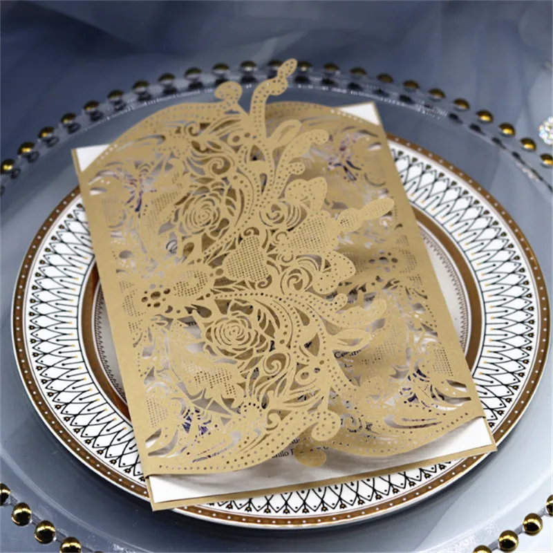 

Gold spring invite wedding rose laser cut greetings multi colors offer personalized printing 50pcs