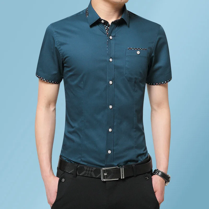 Мужская Повседневная рубашка с коротким рукавом Однотонная Летняя мужская летняя Роскошная хлопковая рубашка с короткими рукавами кардиган с отложным воротником - Цвет: Зеленый