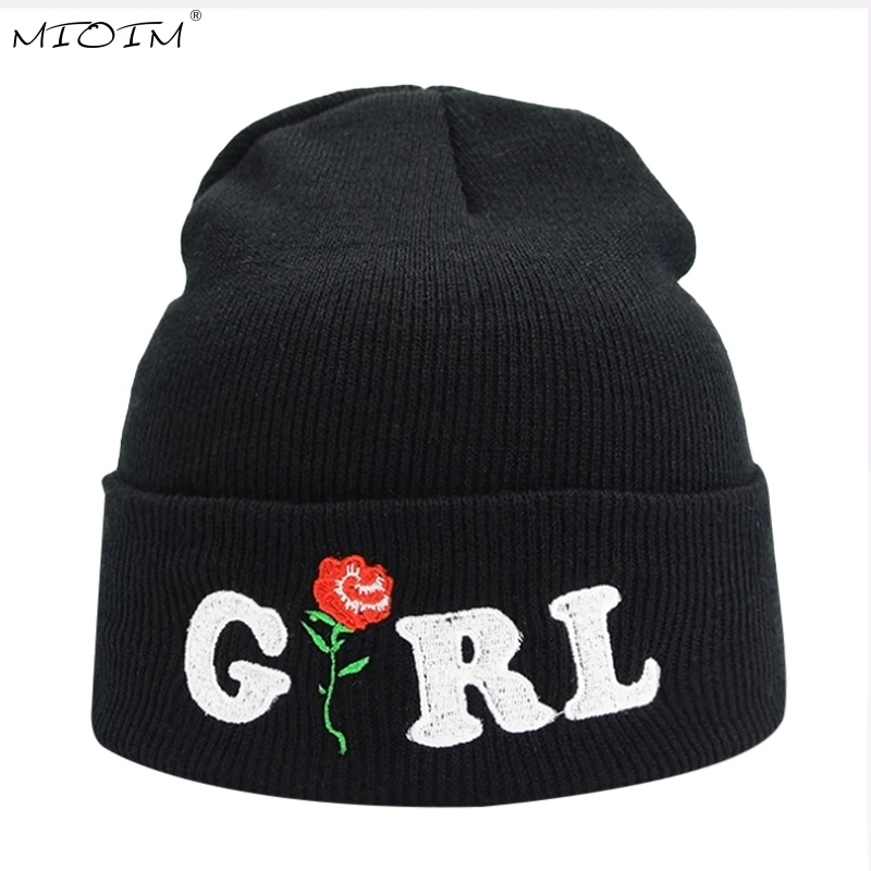 

MIOIM Girl Rose Embroidery Knit Hat Women Beanies Warm Spring Autumn Hat Female Skullies Bonnet Gorros Femme Drop Shipping 2