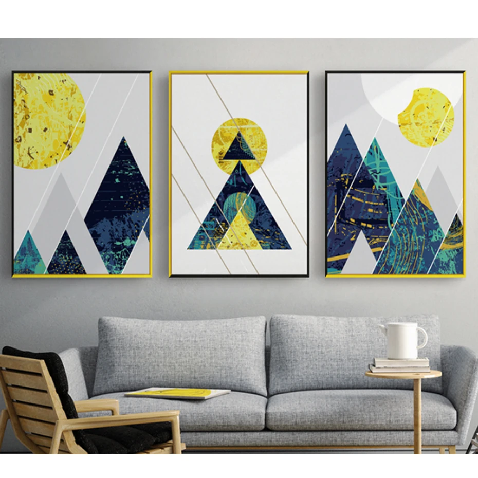 Геометрическая линия абстрактная горная синяя Картина на холсте скандинавский постер печать настенные художественные картины для гостиной домашний офис Декор