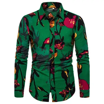 

Plus size Social Men's Shirts Linen Long sleeve Floral Shirt for Men Casual Blouse Men Slim fit New