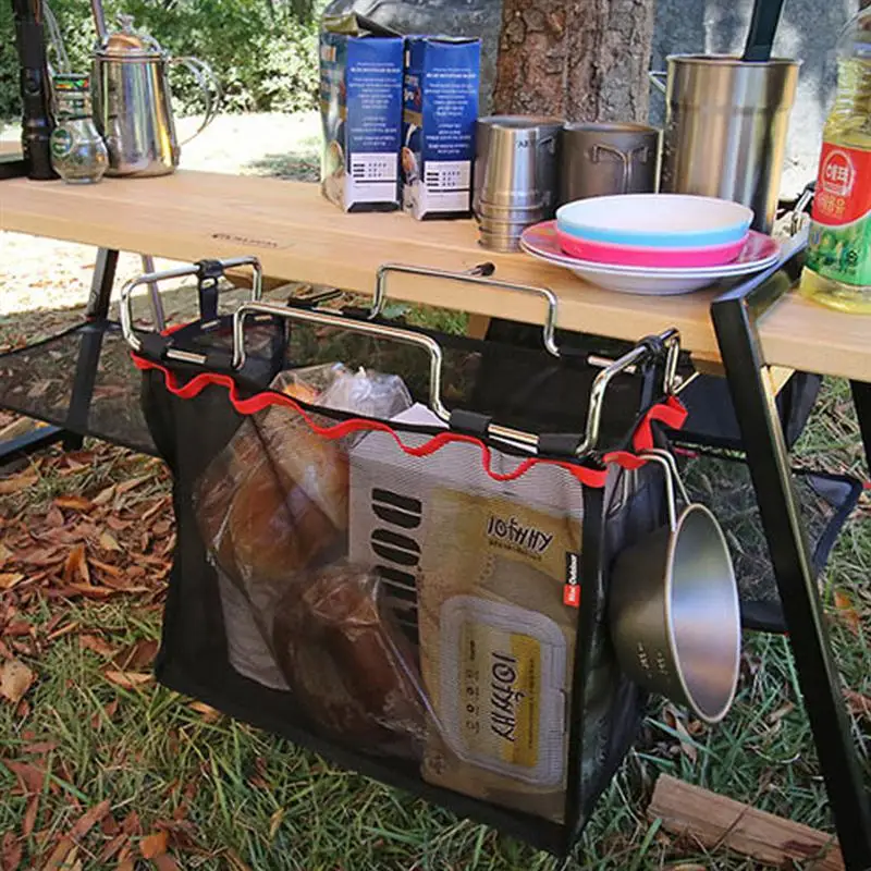 Outdoor Mesh Trash Bag Hanger Picnic Table Rack Iron Wire Tool Storage