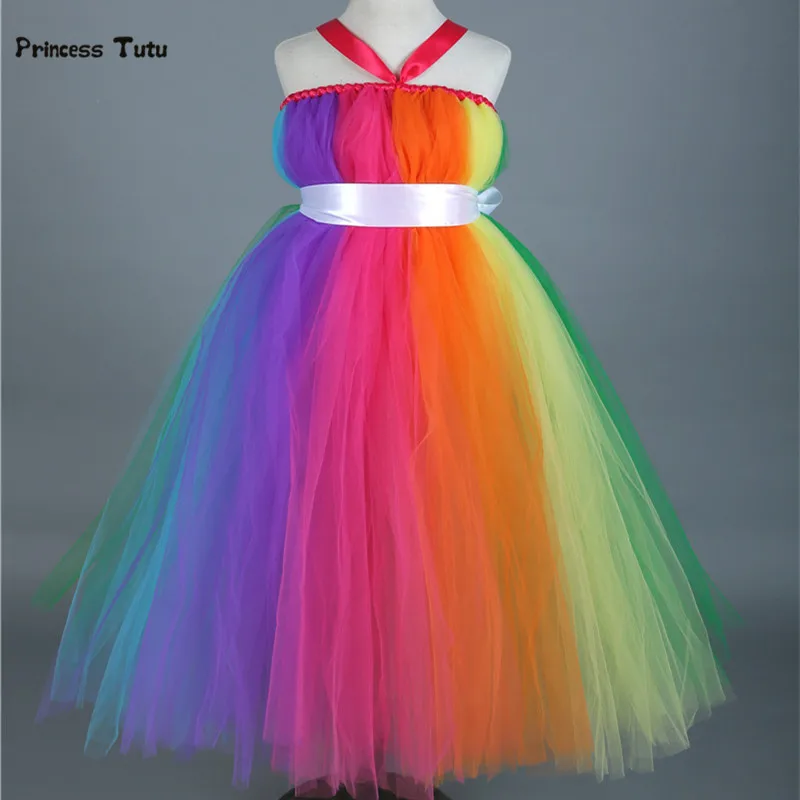 Colorful Rainbow Tutu Dress Long Princess Costume Kids Girls Party Birthday Photo Tulle Dress