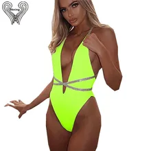 Bkning с глубоким вырезом и с низким вырезом на спине неоновые Плавание костюмы для Для женщин Одна деталь Купальник женские цельнокроеное платье Купальник badpak монокини с высоким вырезом Плавание одежда