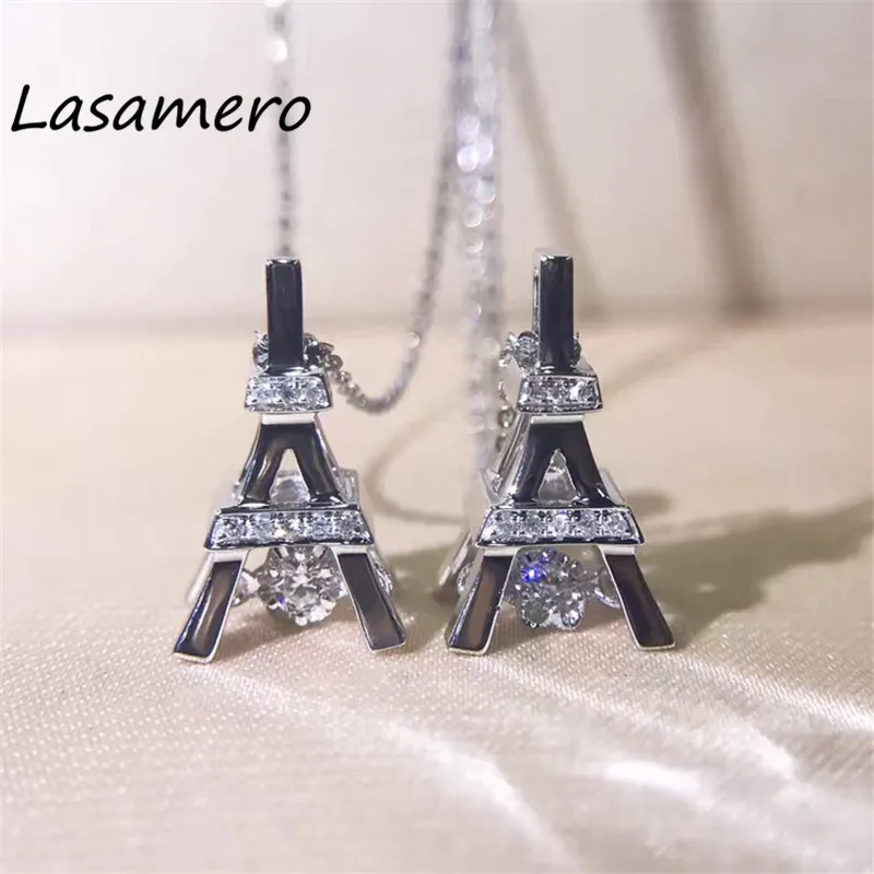 

LASAMERO 0.046 CT 18k White Gold Round Cut Center Diamond Pave Set Eiffel Tower Natural Diamond Pendant Necklace