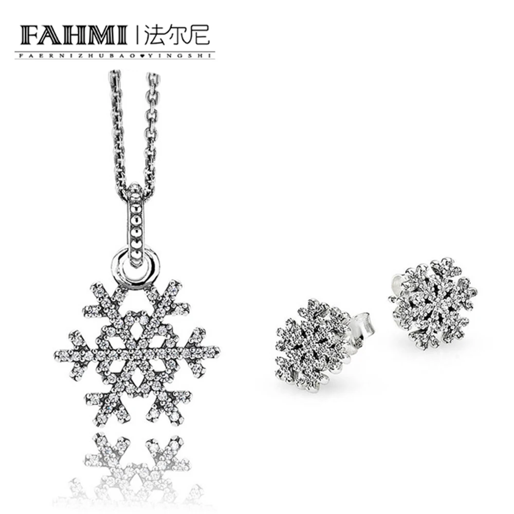 

FAHMI 100% 925 Sterling Silver 1:1 Genuine Shiny Snowflake Earrings Pendant Necklace Charm Jewelry Set Original Women Jewelry