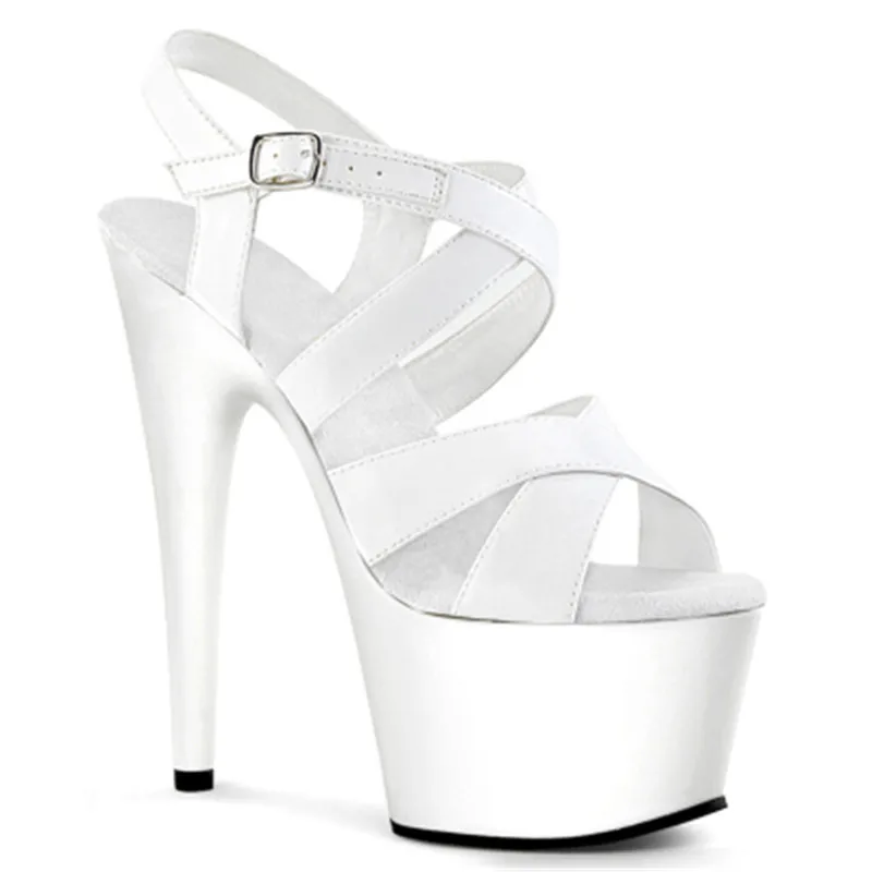 Стиль; босоножки на высоком каблуке с переплетенными ремешками; пикантная модельная обувь для подиума 15 см; обувь для танцев на шесте - Цвет: Белый
