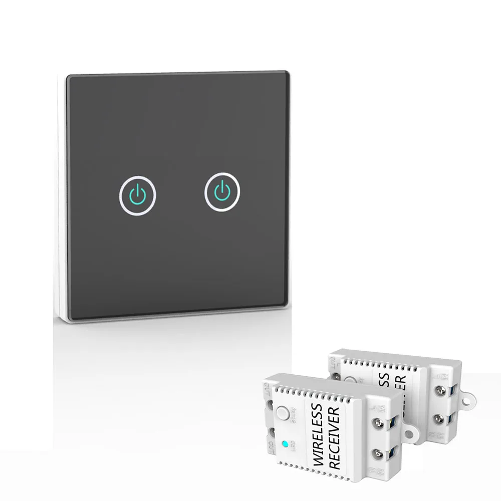 

MOUNTAINONE 12V Remote Wireless Touch Remote Control Light Switch 2 gang 2 Way, Wireless Receiver Switch Panel 100V-240VAC 50/60