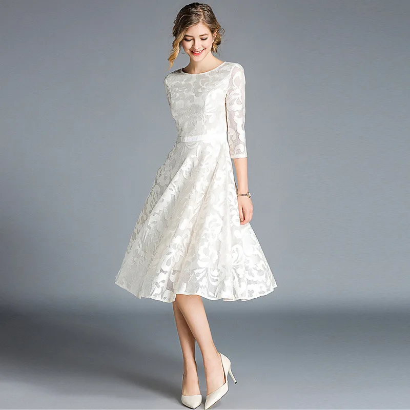 

Spring Women Charming in Lace Sheer Sleeves Long Dress Solid England Style Round Neck Embroidery White Vestido Oversized