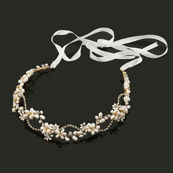 

SLBRIDAL Ribbon Wired Rhinestone Crystal Pearls Flower Leaf Wedding Tiara Headband Bridal Hair Vine Bridesmaids Hair Accessories