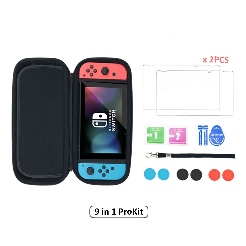 12 in 1 HD Tempered Glass Screen Protector for Nintend Switch +Carry Case Cover For NS Storage Bag With 6pcs Silicone Caps
