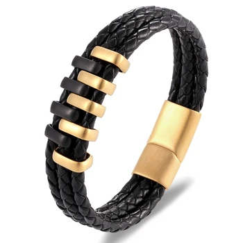 

New Arrival Double Layer Black Gold Steel Punk Style Design Perfect Gift Personality Black Genuine Leather Bracelet Men Jewelry
