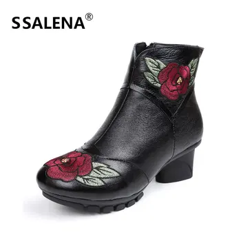 

Women Retro Elegant Floral Short Boots Ladies Round Toe Genuine Leather Fashion Shoes Ladies Winter Mid Heel Ankle Boots AA60918