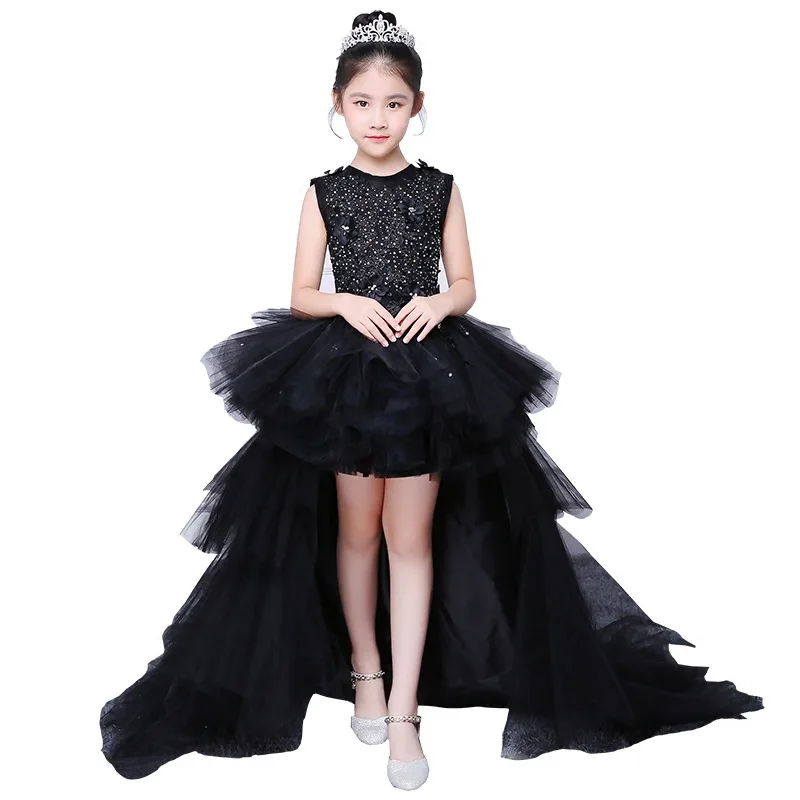 

Girl Evening Black Dress Model Walk Show Princess Dress Children Drag Tail Wedding Dress Piano Performance Dress Flower Boy Host
