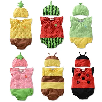 

Rompers Baby Summer Baby Watermelon Romper + Hat Cartoon Infant Bodysuit Boys Girls Jumpsuit Rompers Cotton Ribbed Baby Clothes