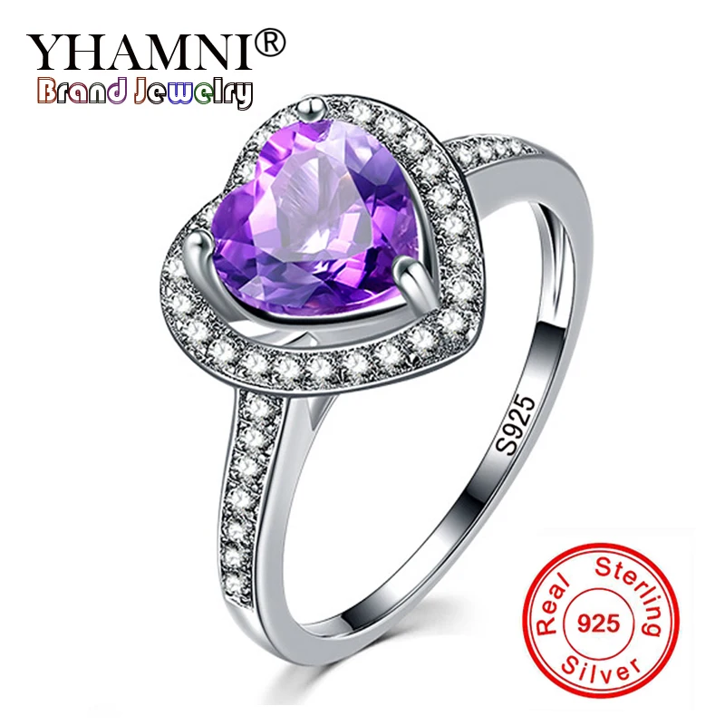 

YHAMNI Luxury Romantic Love Gift Rings Natural Heart Crystal Jewelry 100% 925 Sterling Silver Wedding Rings For Women R229