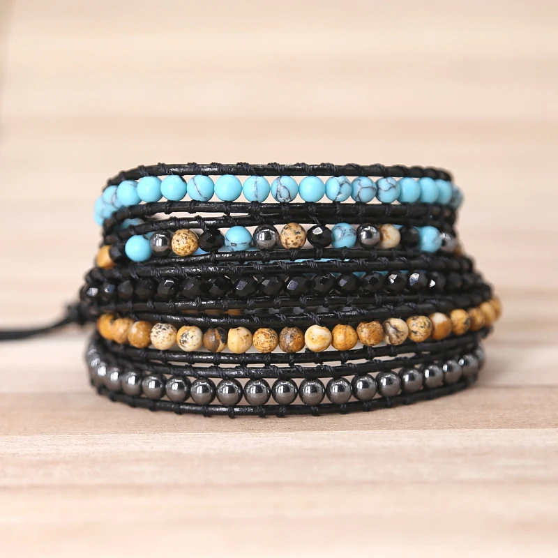 

2019 newest Women Boho Bracelet Natural Stone 5X Leather Wrap Bracelet Stone Beaded Bracelet gift jewelry Drop Shippping