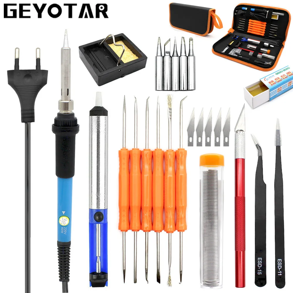 

EU Plug 220V 60W Thermoregulator Electric Soldering Iron Kit+5pcs Tips Portable Welding Repair Tool set Tweezers Hobby knife